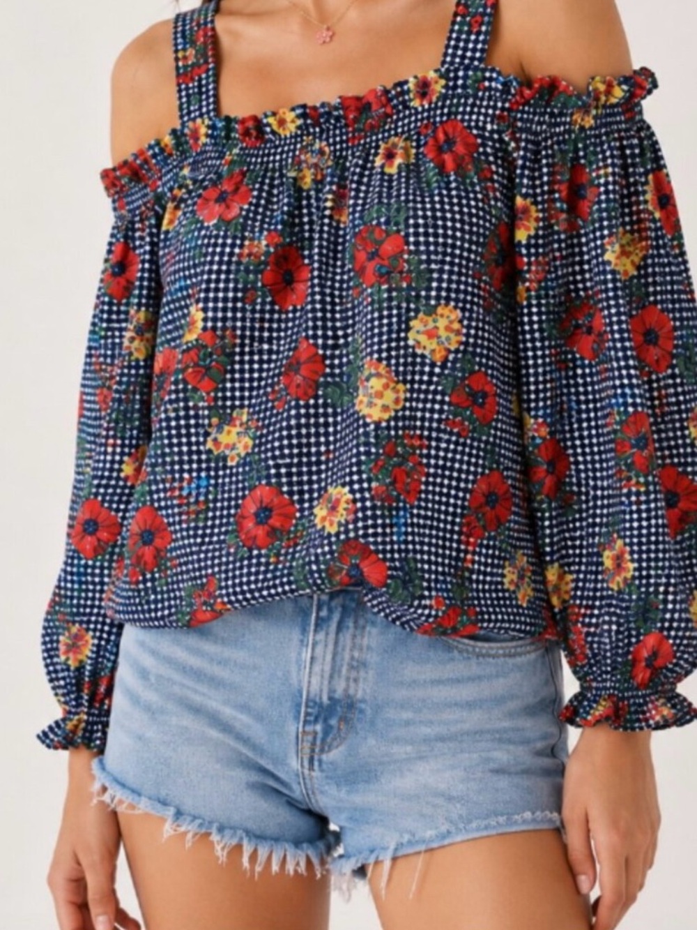 Twine & String Whimsical Floral Gingham Off-Shoulder Picnic Top Size Large